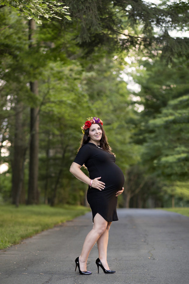 Maternity Session Black Dress Stilettos Flower Crown