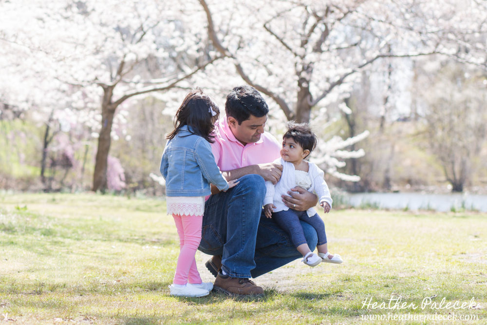 family portrait in cherry blossom trees