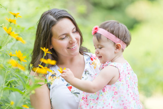mom and daughter with yellow flowers