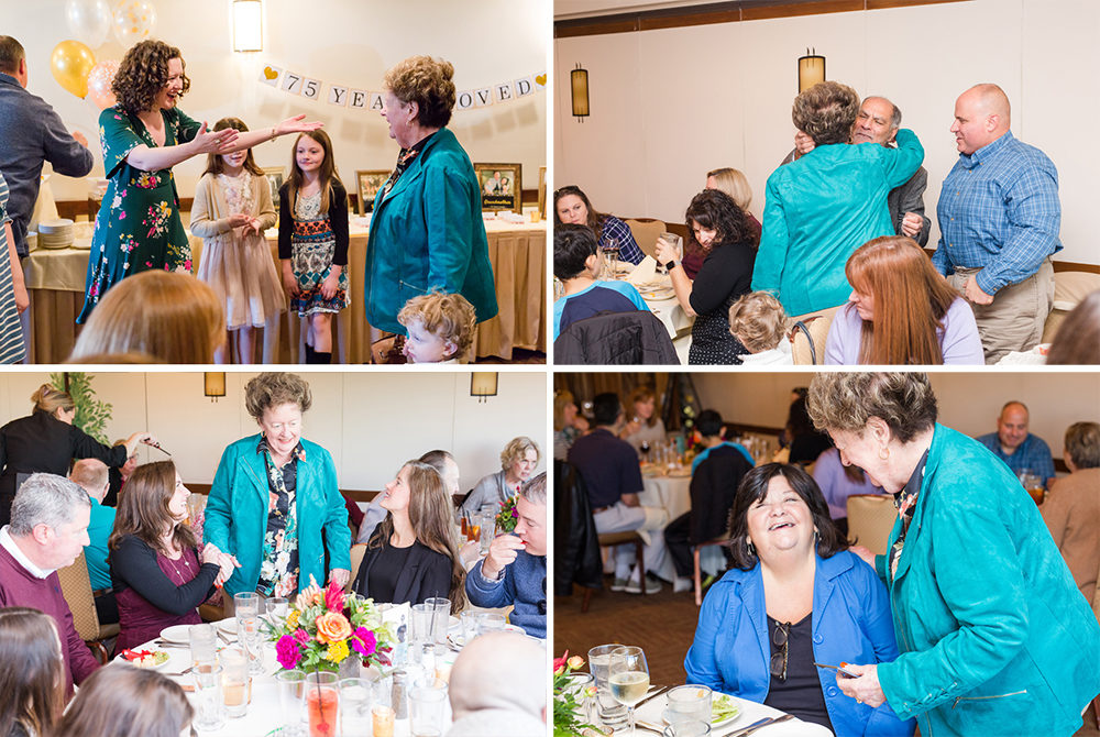 woman walks into 75th birthday party