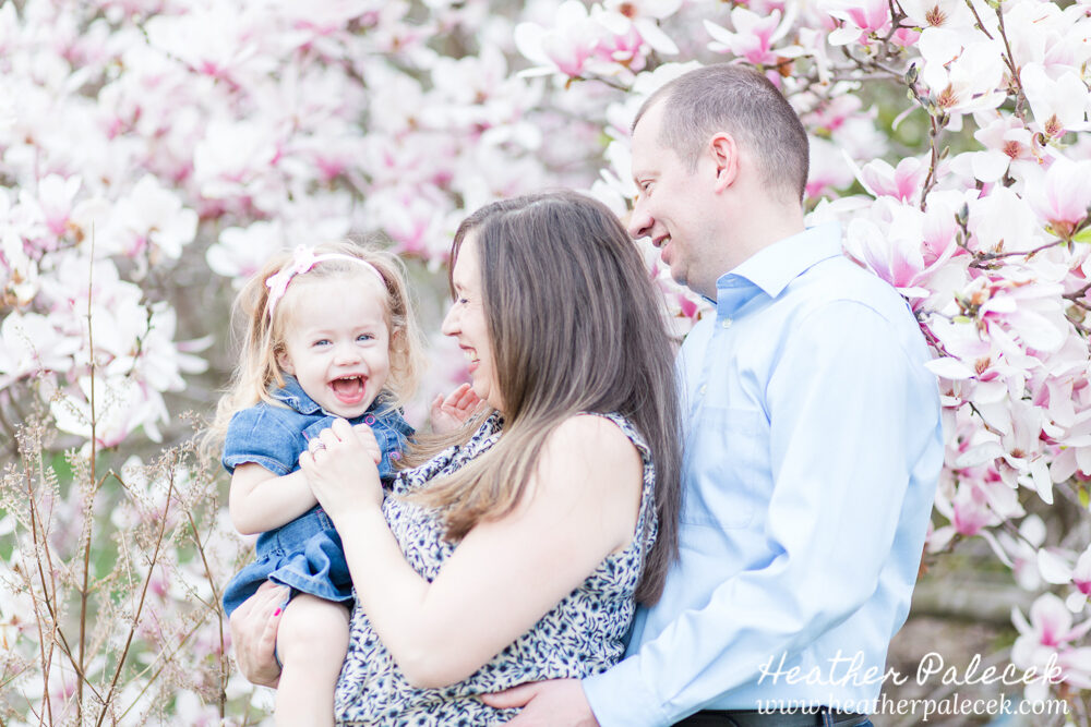 family poses and laughs in front of magnolia tree