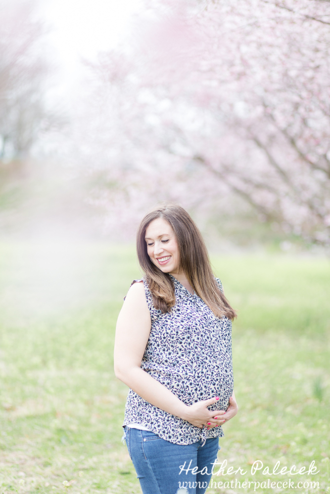 pregnant woman poses with cherry blossom tree