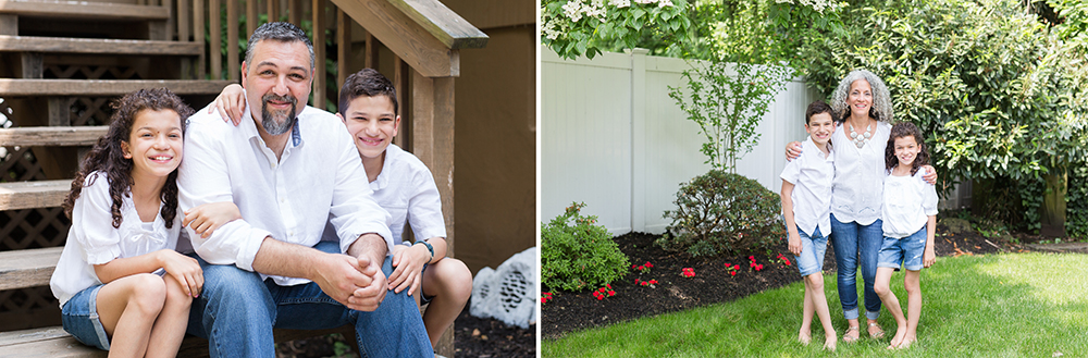 family poses in front yard for family portrait