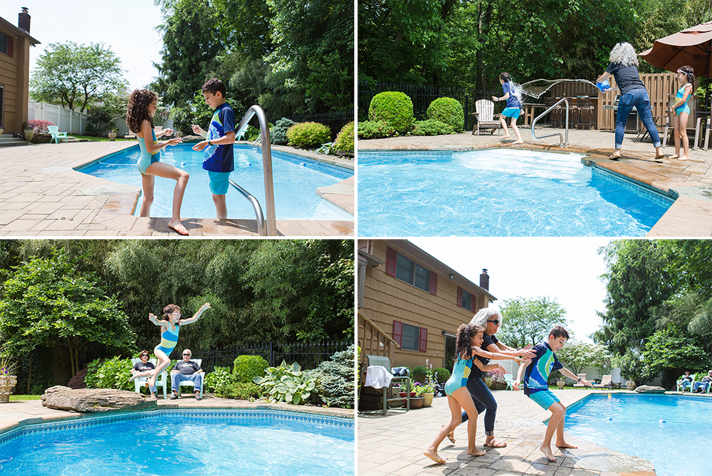 candid photograph of family playing in pool