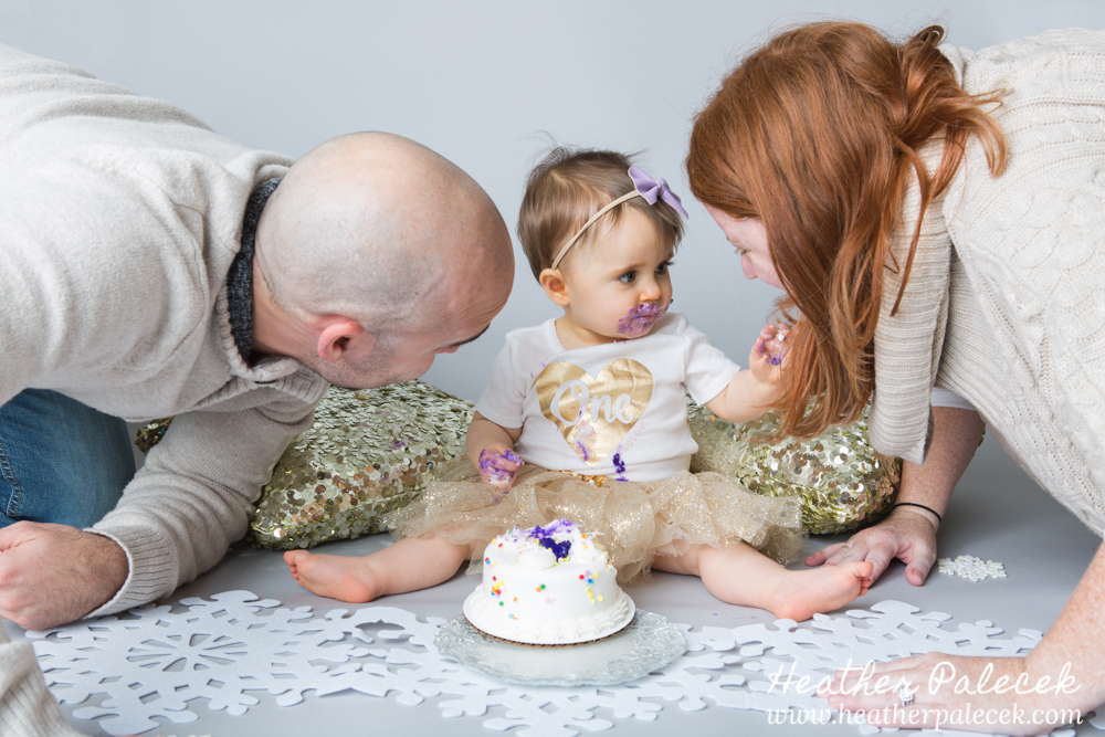 Snowflakes, Gold, and Purple 1st Birthday Cake Smash