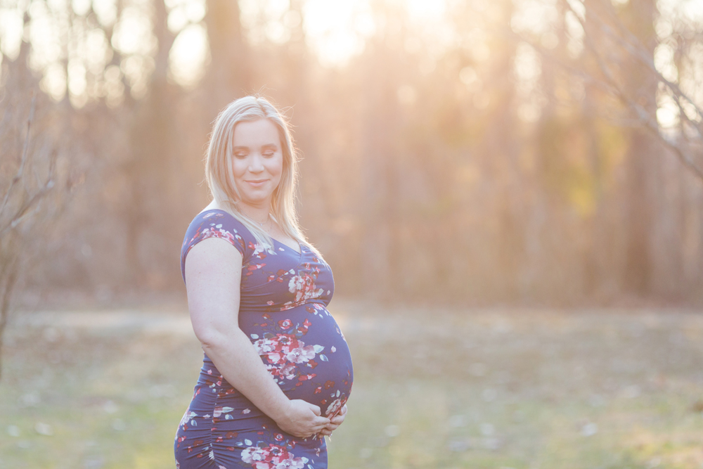 pregnant woman in blue dress posed at sunset at sayan gardens